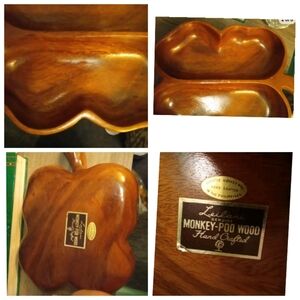 Vintage Leilani monkey pod butterfly divided wood dish